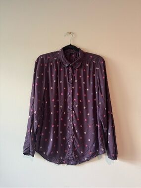American Eagle Womens Purple Button-Up Shirt with Leaf Print